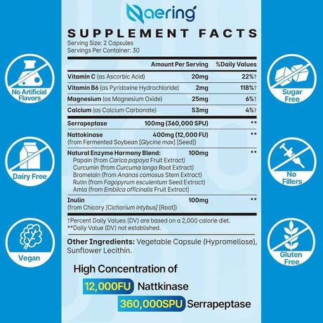 Tabla nutricional del suplemento Naering Natoquinasa y Serrapeptasa Liposomal 60 Cápsulas