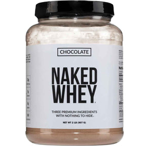 Frasco frontal de Naked Whey sabor chocolate, presentación de 2 lb
