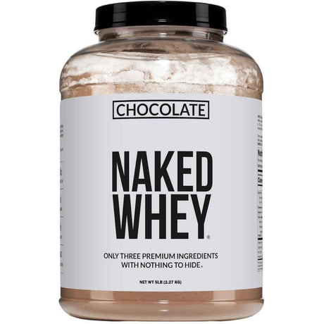 Frasco frontal de Naked Whey sabor chocolate, presentación de 5 lb