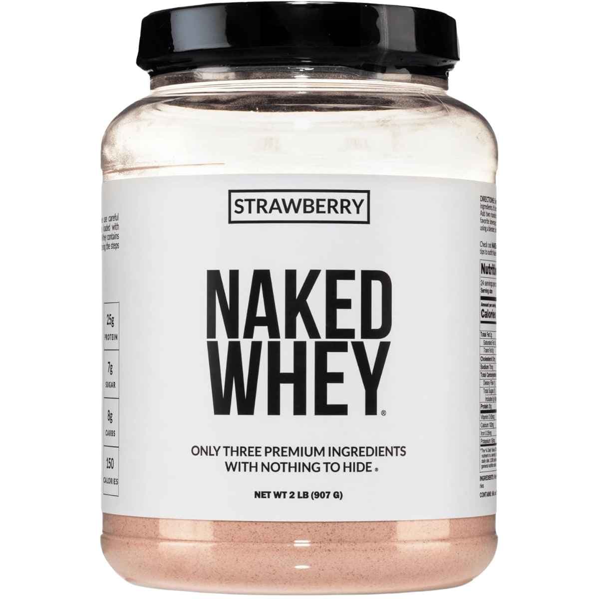 Frasco frontal de Naked Whey sabor fresa, presentación de 2 lb