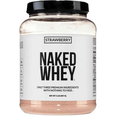 Frasco frontal de Naked Whey sabor fresa, presentación de 2 lb