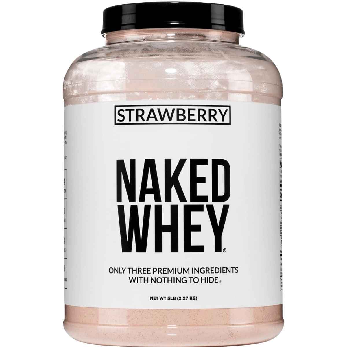 Frasco frontal de Naked Whey sabor fresa, presentación de 5 lb