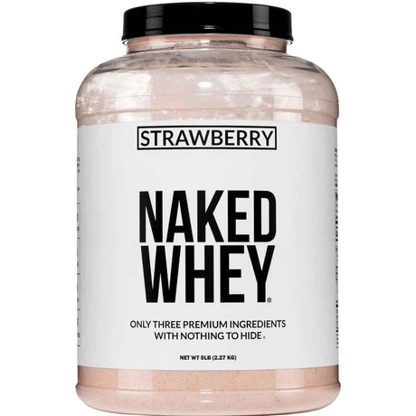 Frasco frontal de Naked Whey sabor fresa, presentación de 5 lb