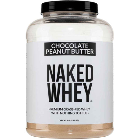 Frasco frontal de Naked Whey sabor mantequilla de maní con chocolate, presentación de 5 lb