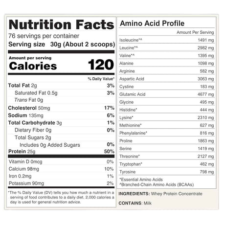 Tabla nutricional de Naked Whey sin sabor, presentación de 5 lb