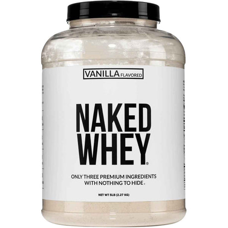 Frasco frontal de Naked Whey sabor vainilla, presentación de 5 lb