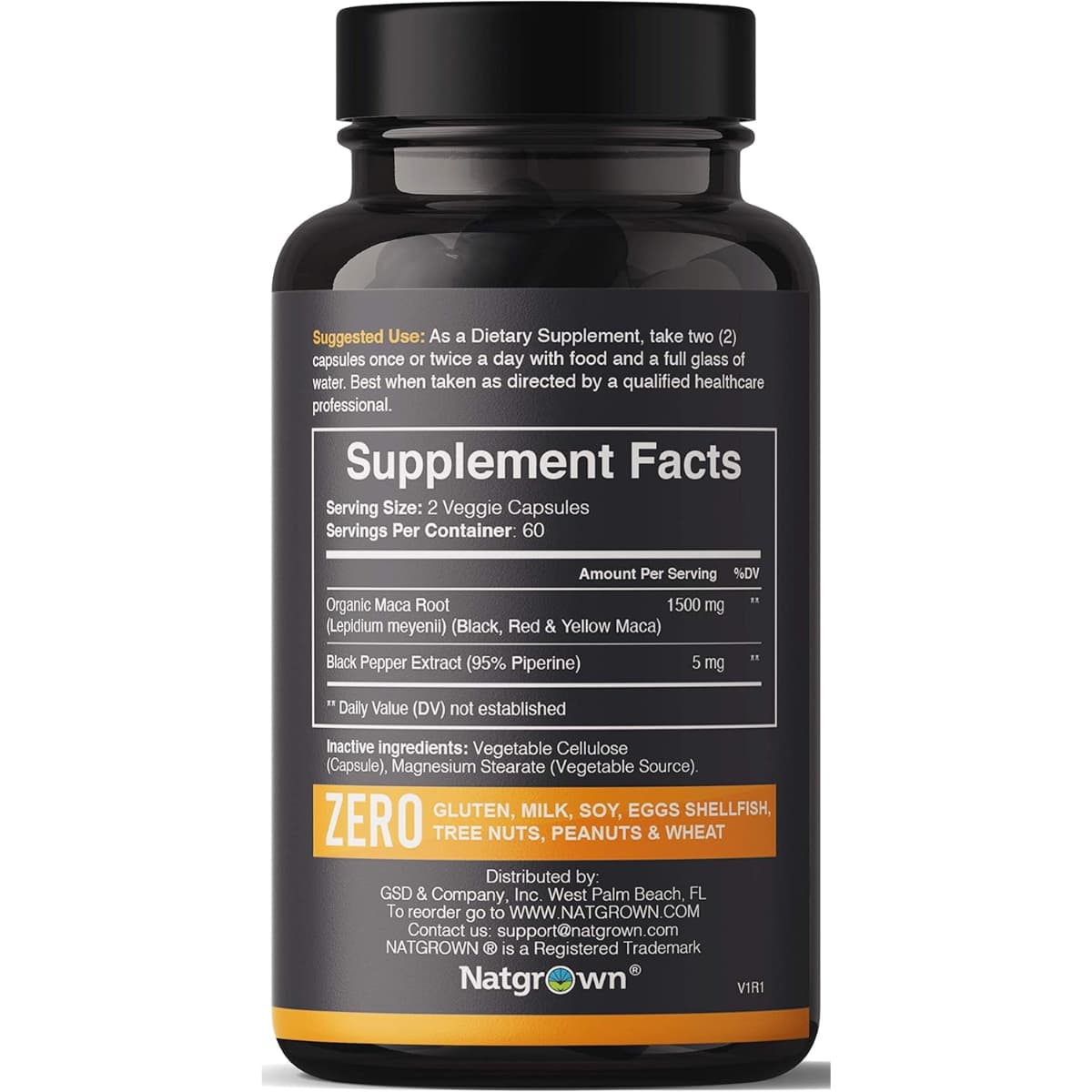 Tabla nutricional del suplemento Natgrown Raíz de Maca 1500 mg 120 cápsulas