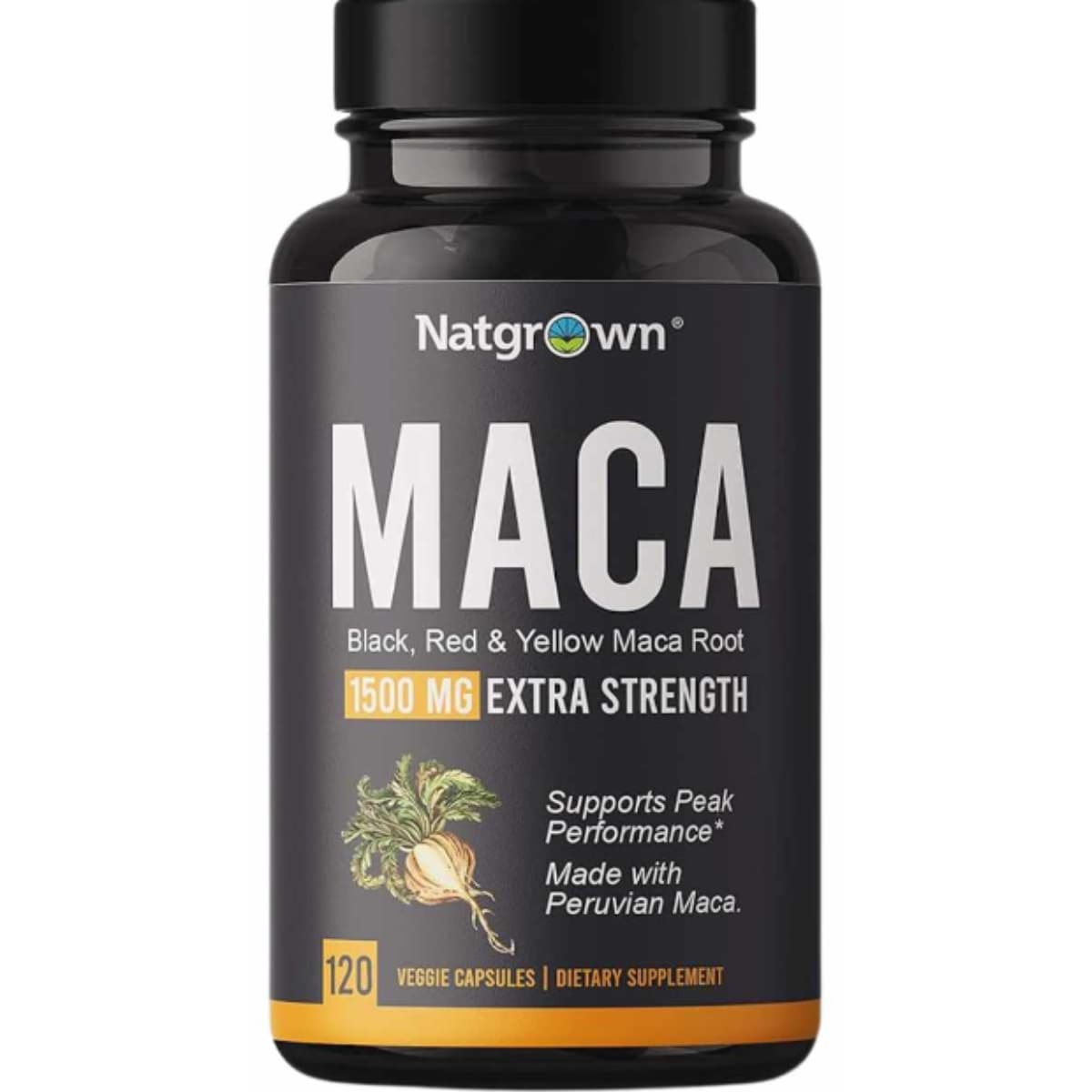 Frasco de suplemento Natgrown Raíz de Maca 1500 mg 120 cápsulas
