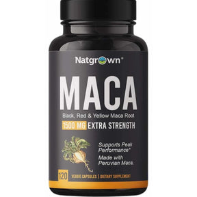 Frasco de suplemento Natgrown Raíz de Maca 1500 mg 120 cápsulas
