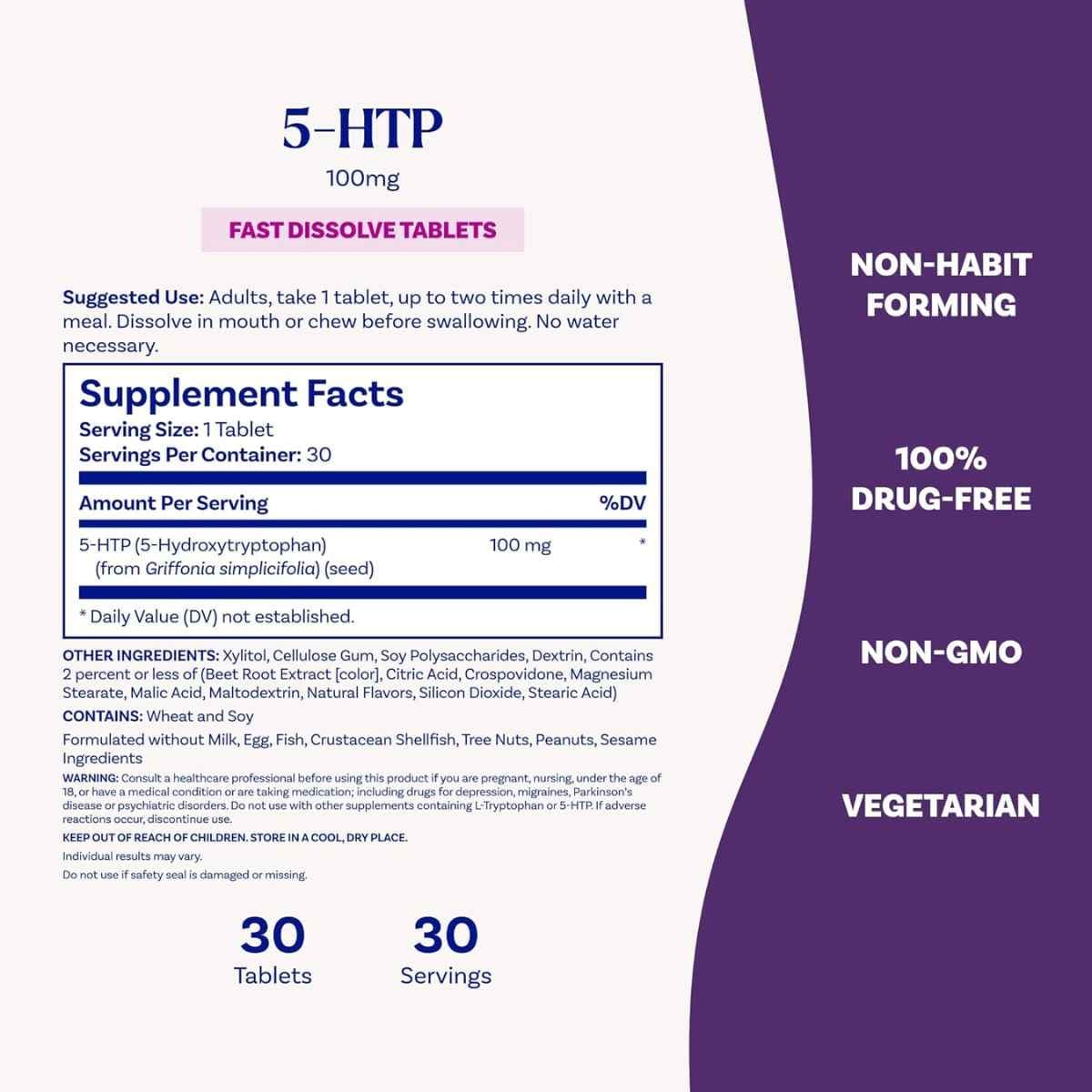 Tabla nutricional del suplemento Natrol 5-HTP Mezcla de Bayas 100 mg 30 tabletas