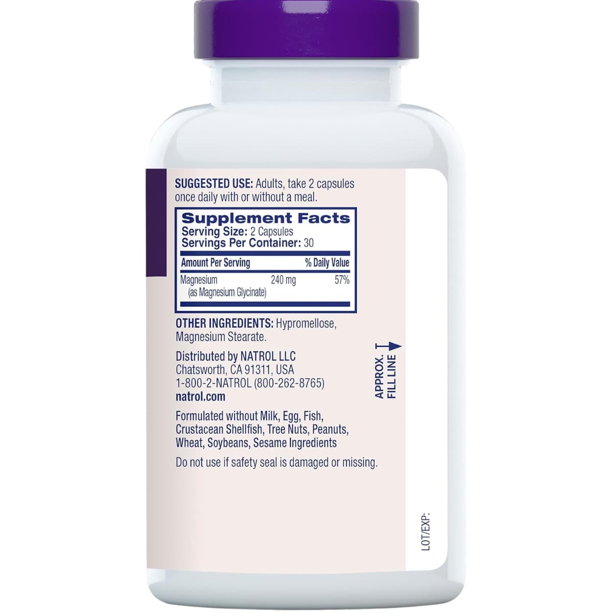 Tabla nutricional del suplemento Natrol Glicinato de Magnesio 60 cápsulas