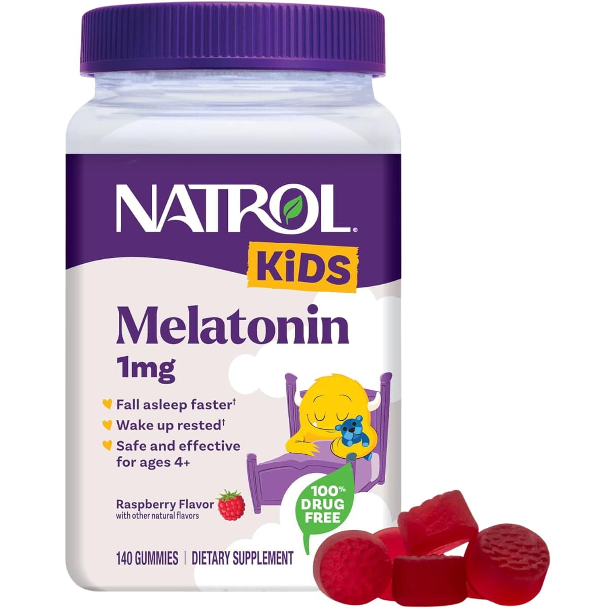 Frasco de suplemento Natrol Melatonina para Niños Frambuesa 1 mg 140 gomitas