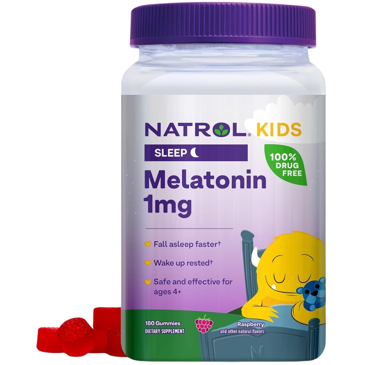 Frasco de suplemento Natrol Melatonina para Niños Frambuesa 1 mg 180 omitas