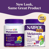 Etiqueta con información del suplemento Natrol Melatonina para Niños Frambuesa 1 mg 60 gomitas
