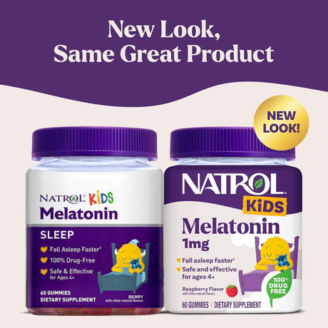 Etiqueta con información del suplemento Natrol Melatonina para Niños Frambuesa 1 mg 60 gomitas