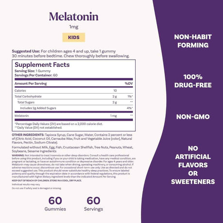 Tabla nutricional del suplemento Natrol Melatonina para Niños Frambuesa 1 mg 60 gomitas