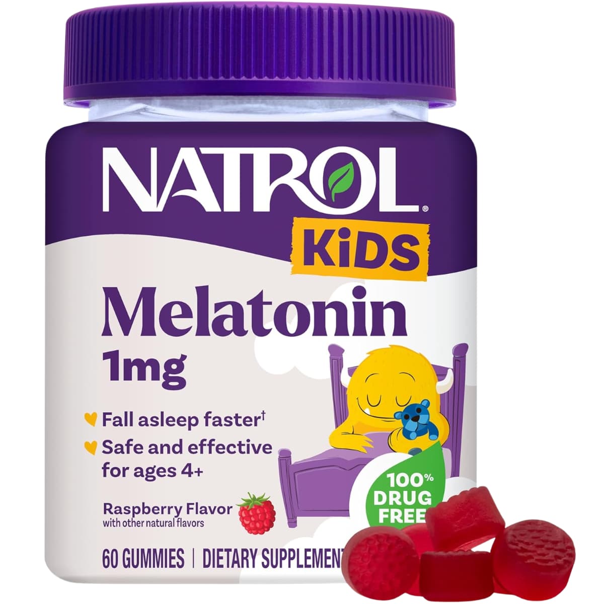 Frasco de suplemento Natrol Melatonina para Niños Frambuesa 1 mg    60 gomitas