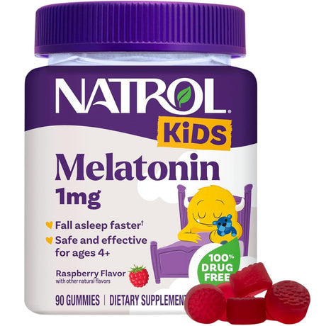 Frasco de suplemento Natrol Melatonina para Niños Frambuesa 1 mg 90 gomitas