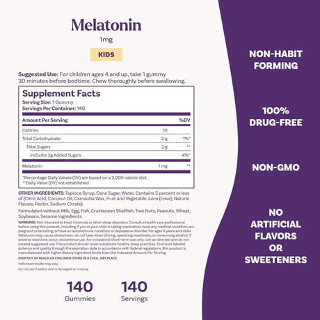 Tabla nutricional del suplemento Natrol Melatonina para Niños Frambuesa 1 mg 140 gomitas