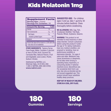 Tabla nutricional del suplemento Natrol Melatonina para Niños Frambuesa 1 mg 180 gomitas
