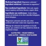 Etiqueta con ingredientes del suplemento Natural Calm Citrato de Magnesio para Niños Sabor Frambuesa-Limón 113 g.