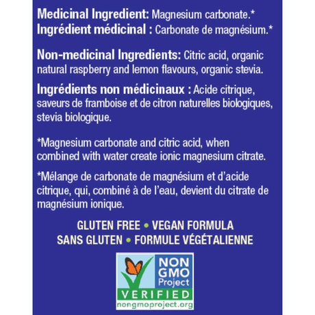 Etiqueta con ingredientes del suplemento Natural Calm Citrato de Magnesio para Niños Sabor Frambuesa-Limón 113 g.