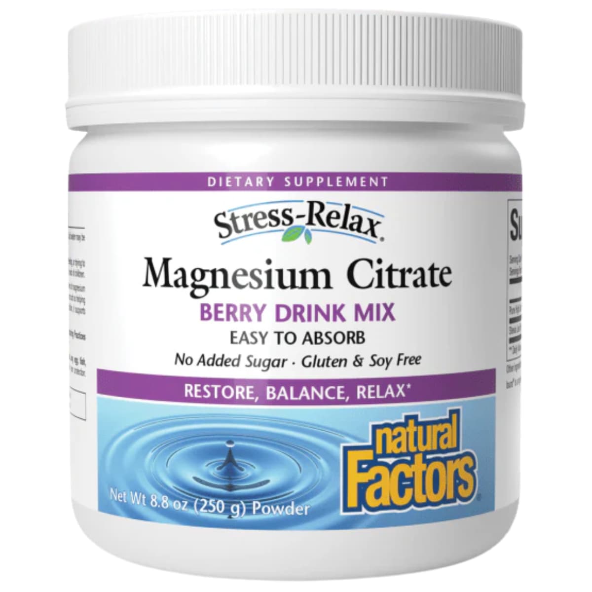 Frasco de suplemento Natural Factors Citrato de Magnesio en Polvo sabor Frutos Rojos 250 g.