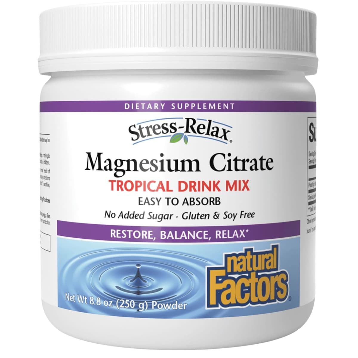 Frasco de suplemento Natural Factors Citrato de Magnesio en Polvo sabor Tropical 250 g