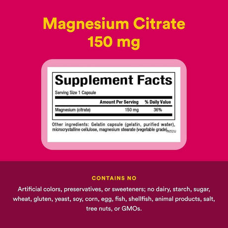 Tabla nutricional del suplemento Natural Factors Citrato de Magnesio 180 cápsulas