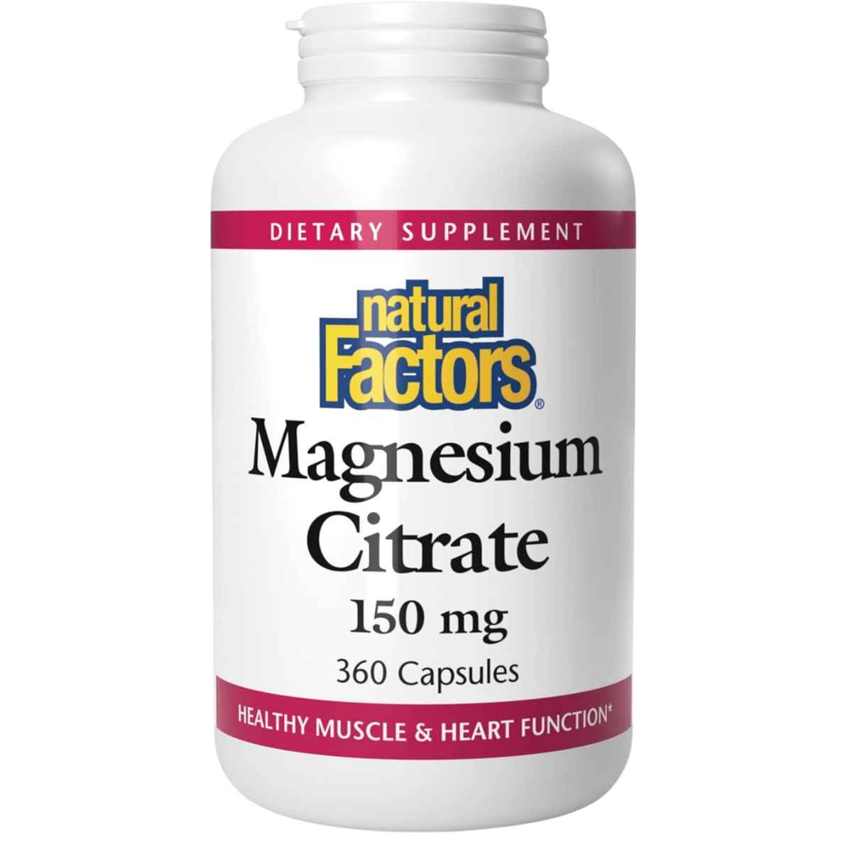 Frasco de suplemento Natural Factors Citrato de Magnesio 360 cápsulas