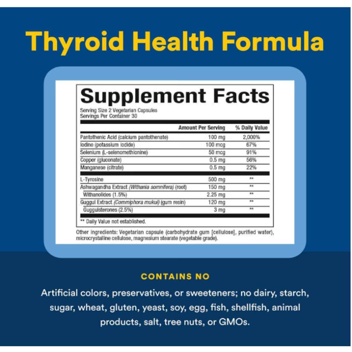 Información del suplemento de Natural Factors Thyroid Health Formula con ingredientes y cantidades por porción.