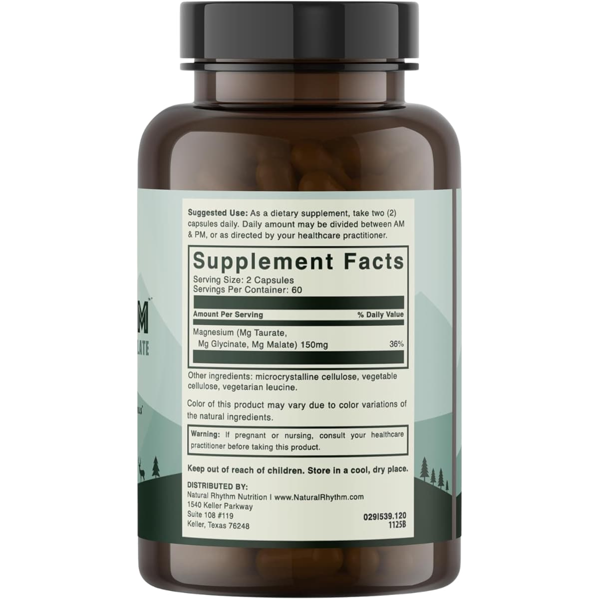 Información del suplemento Natural Rhythm Triple Calm con 150 mg de magnesio por porción y 120 cápsulas