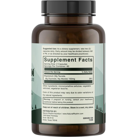 Información del suplemento Natural Rhythm Triple Calm con 150 mg de magnesio por porción y 120 cápsulas