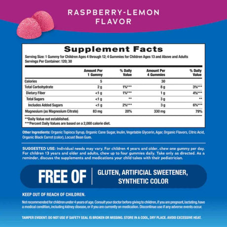 Tabla nutricional del suplemento Natural Vitality Calm Citrato de Magnesio sabor Frambuesa-Limón 120 gomitas