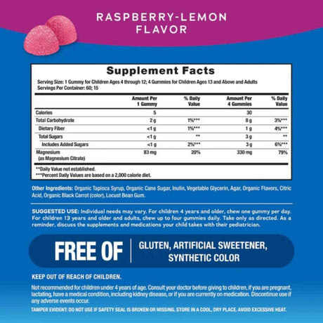 Tabla nutricional del suplemento Natural Vitality Calm Citrato de Magnesio sabor Frambuesa-Limón 60 gomitas