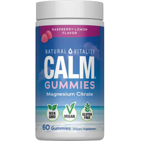 Frasco de suplemento Natural Vitality Calm Citrato de Magnesio sabor Frambuesa-Limón 60 gomitas