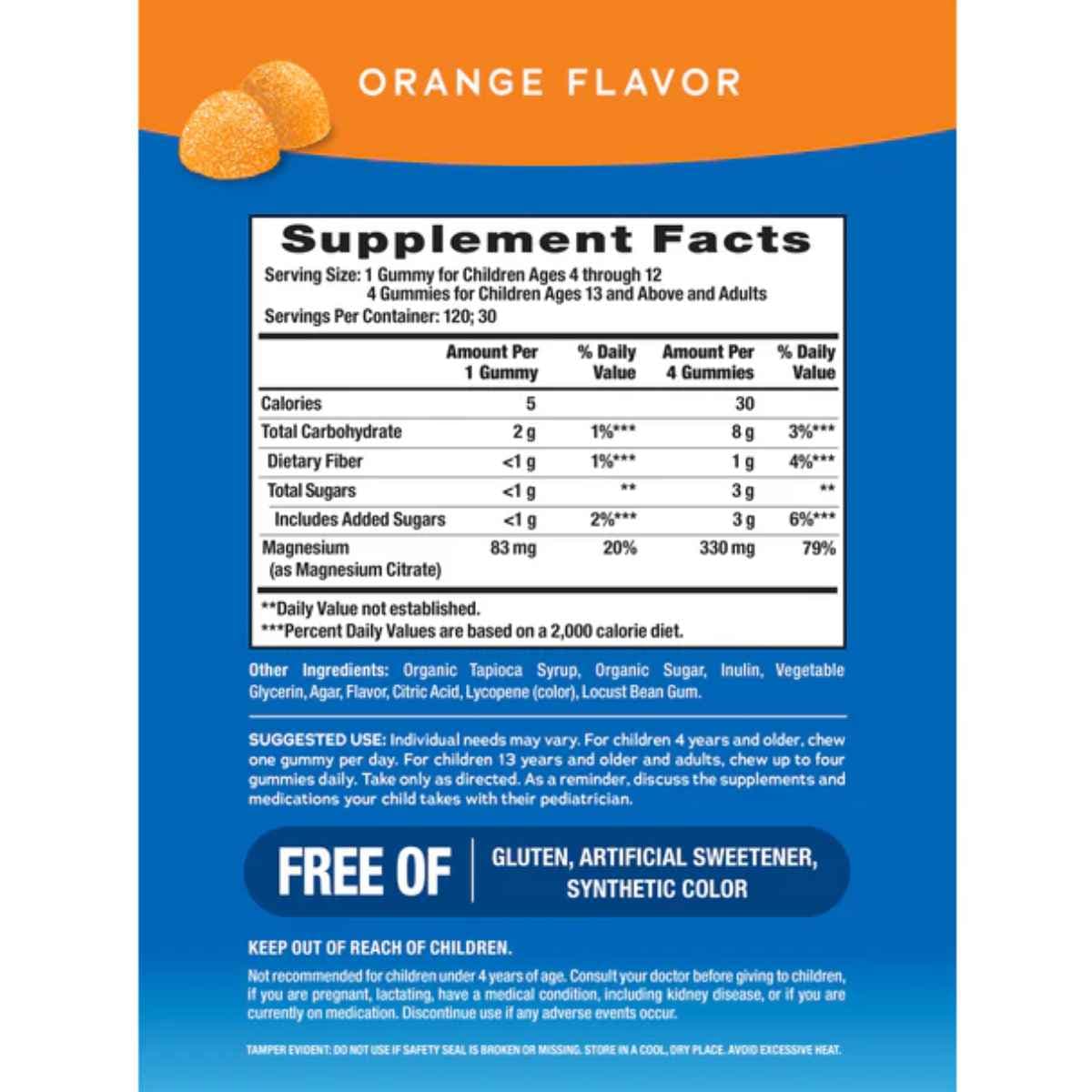 Tabla nutricional del suplemento Natural Vitality Calm Citrato de Magnesio sabor Naranja 120 gomitas