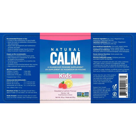 Etiqueta completa de Natural Vitality CALM Kids magnesio sabor frambuesa-limón de 113 g