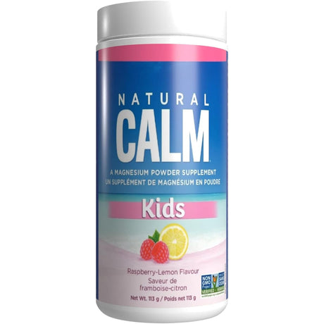 Frasco frontal de Natural Vitality CALM Kids magnesio sabor frambuesa-limón de 113 g