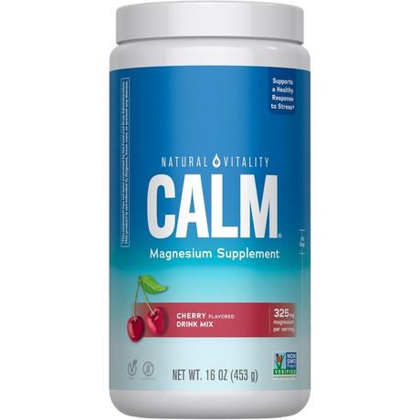 Frasco frontal de Natural Vitality CALM magnesio sabor cereza de 16 oz