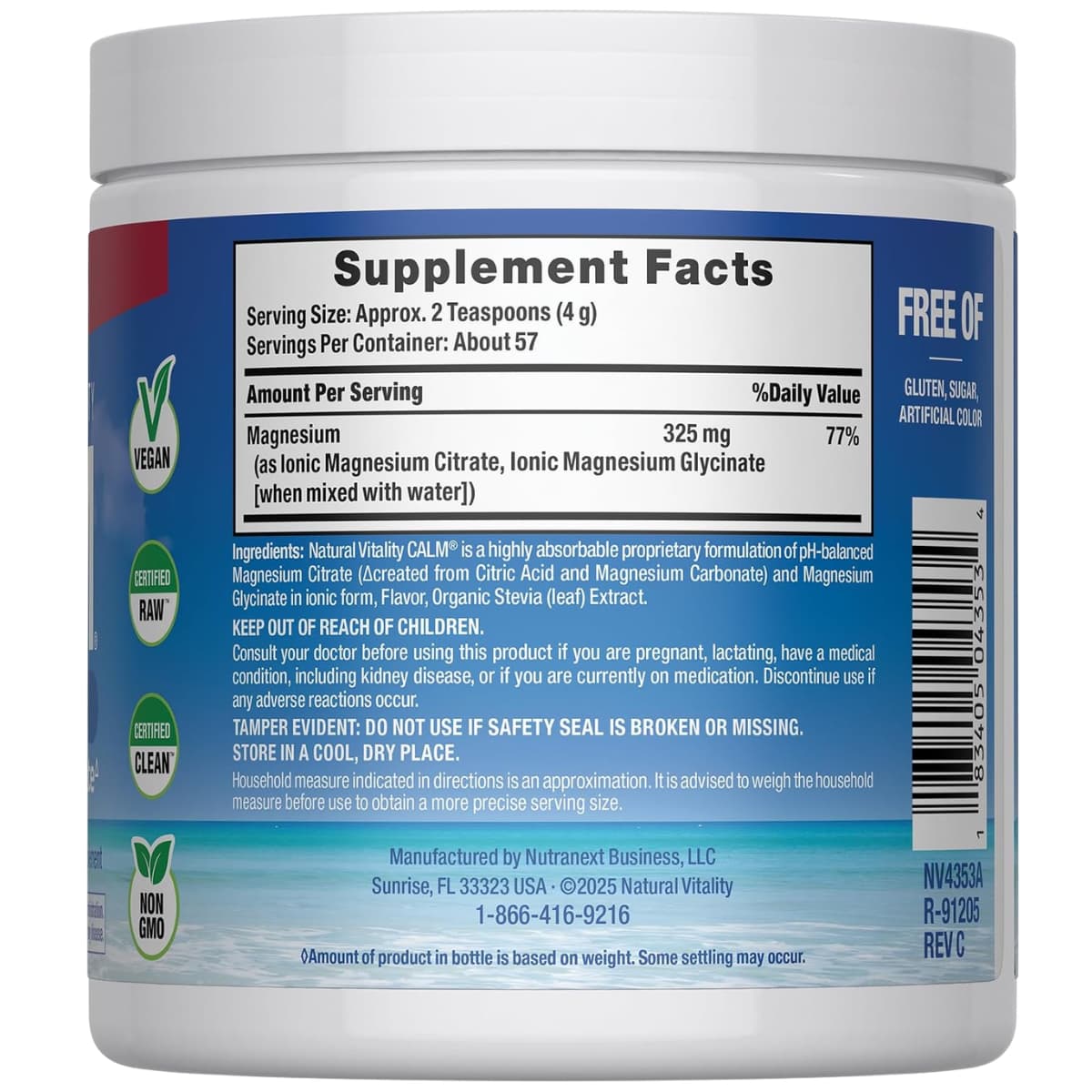Información del suplemento de Natural Vitality CALM magnesio sabor cereza de 8 oz