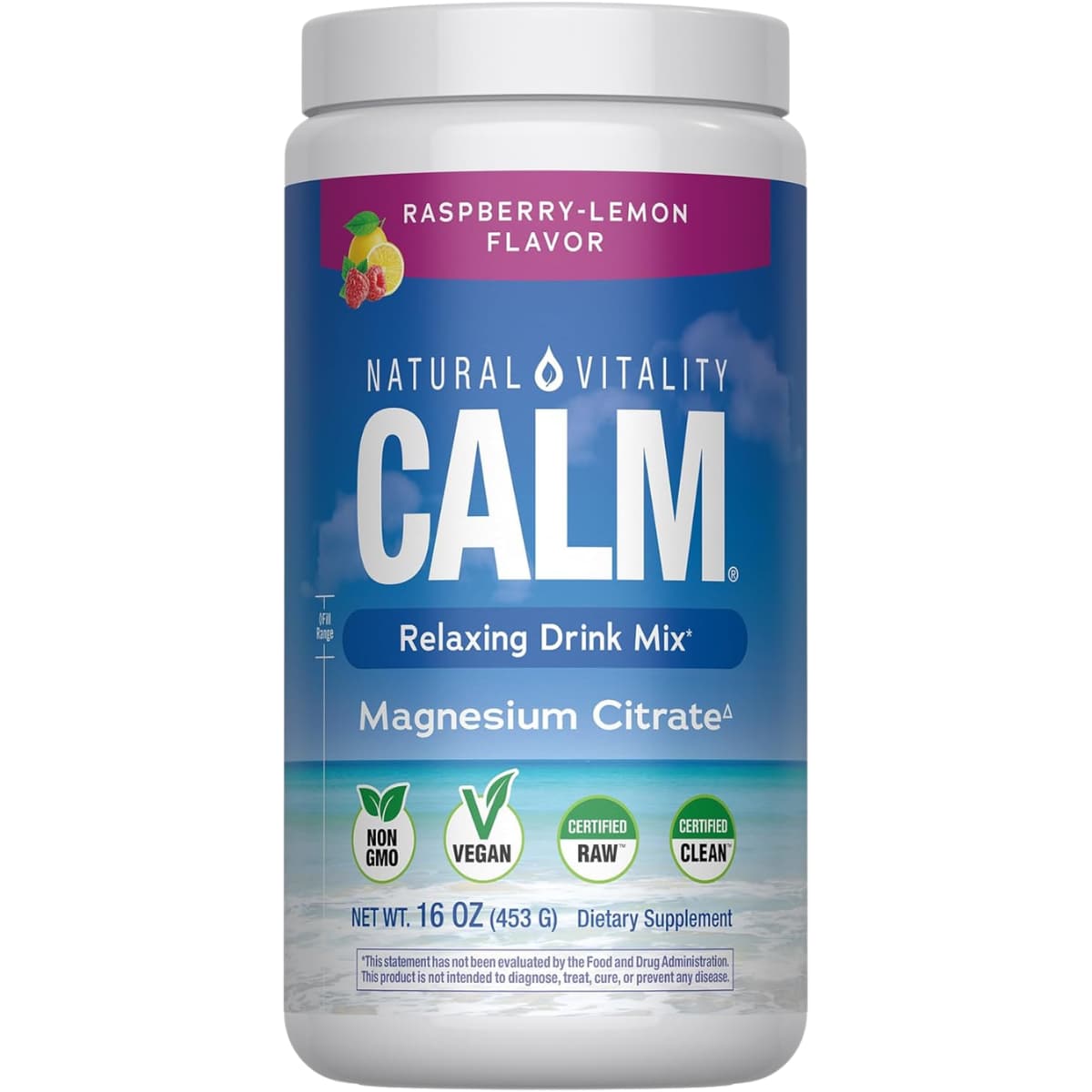 Frasco frontal de Natural Vitality CALM magnesio sabor frambuesa-limón de 16 oz