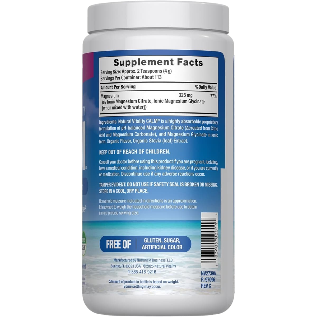 Información del suplemento de Natural Vitality CALM magnesio sabor frambuesa-limón de 16 oz
