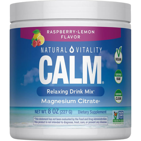Frasco frontal de Natural Vitality CALM magnesio sabor frambuesa-limón de 8 oz