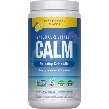 Frasco frontal de Natural Vitality CALM magnesio sabor limón de 16 oz