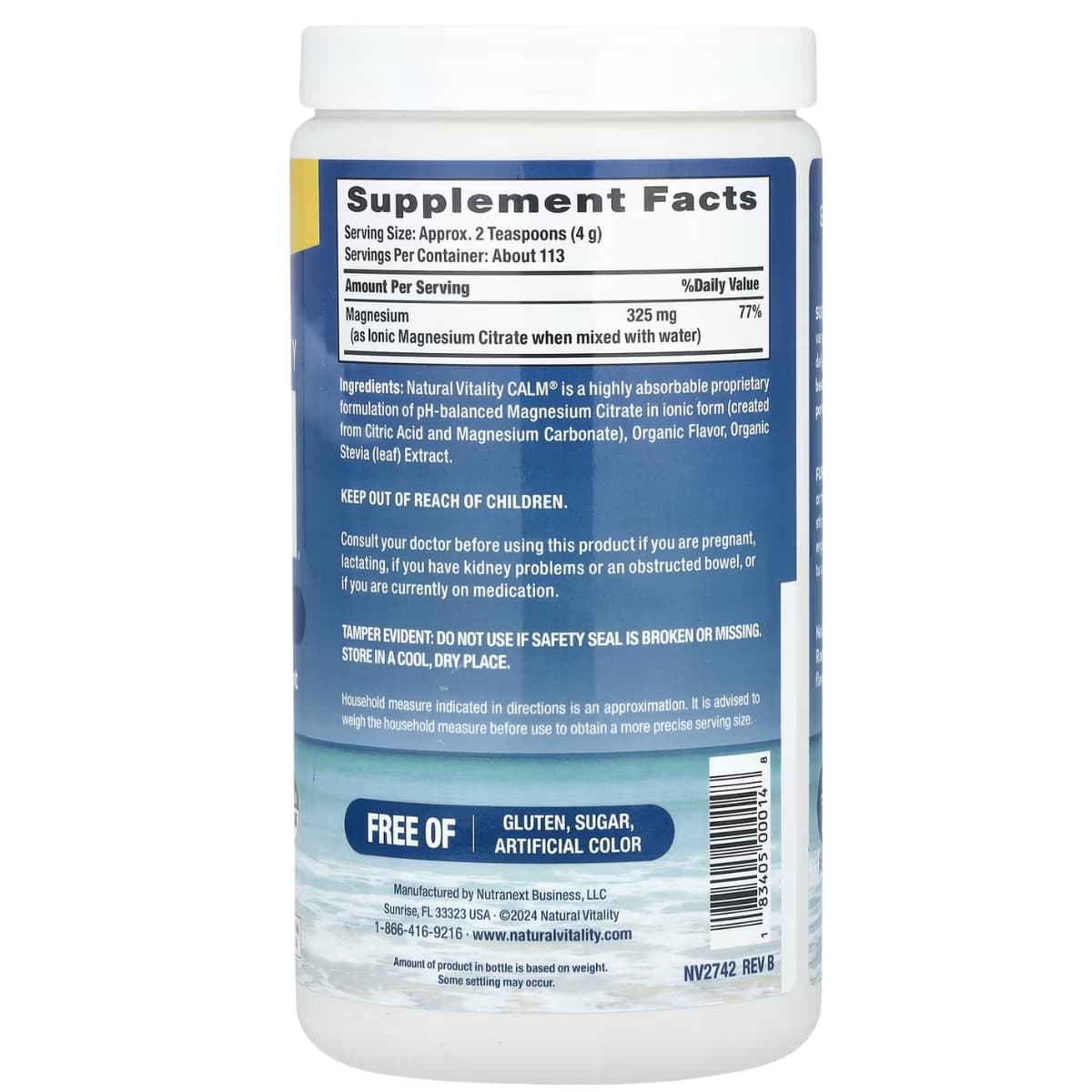Información del suplemento de Natural Vitality CALM magnesio sabor limón de 16 oz