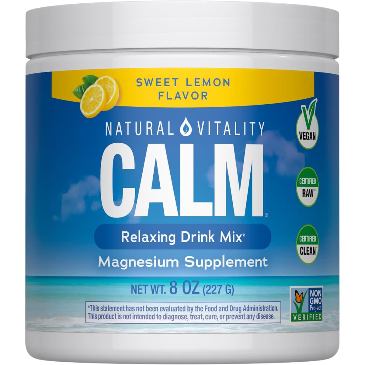 Frasco frontal de Natural Vitality CALM magnesio sabor limón de 8 oz