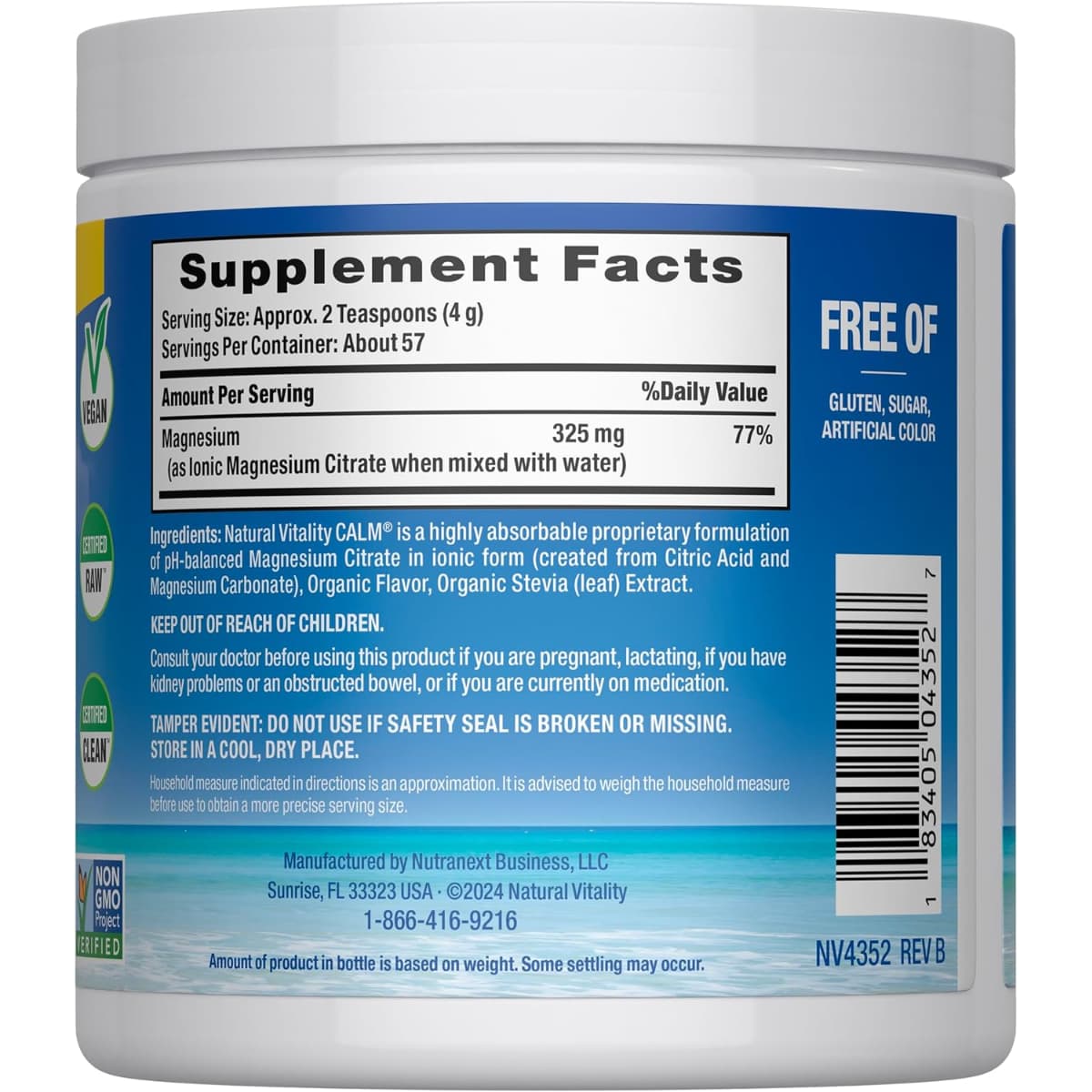 Información del suplemento de Natural Vitality CALM magnesio sabor limón de 8 oz