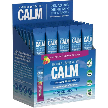 Caja de Natural Vitality CALM magnesio en sobres sabor frambuesa-limón, presentación de 30 sobres.