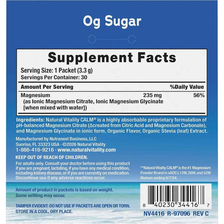 Tabla de información del suplemento de Natural Vitality CALM magnesio en sobres.